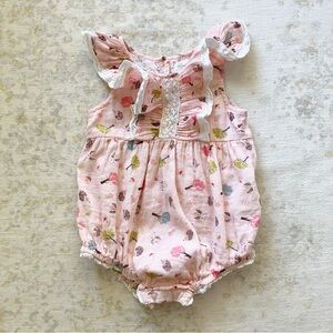 Mimi & Maggie Baby Girl Size 6-9M One Piece Romper Pink Lace Ruffle Owl Hedgehog